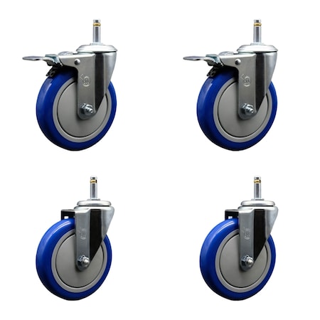 Service Caster 5'' Blue Poly Wheel Swivel 7/16'' Stem Caster Set 2 Total Lock Brake, 4PK SCC-GRTTL20S514-PPUB-BLUE-716138-2S2